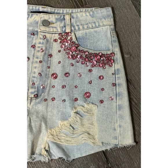 Blue B Collection Light Wash Cut Off Jean Shorts With Pink Rhinestone Detail, S - Picture 3 of 6